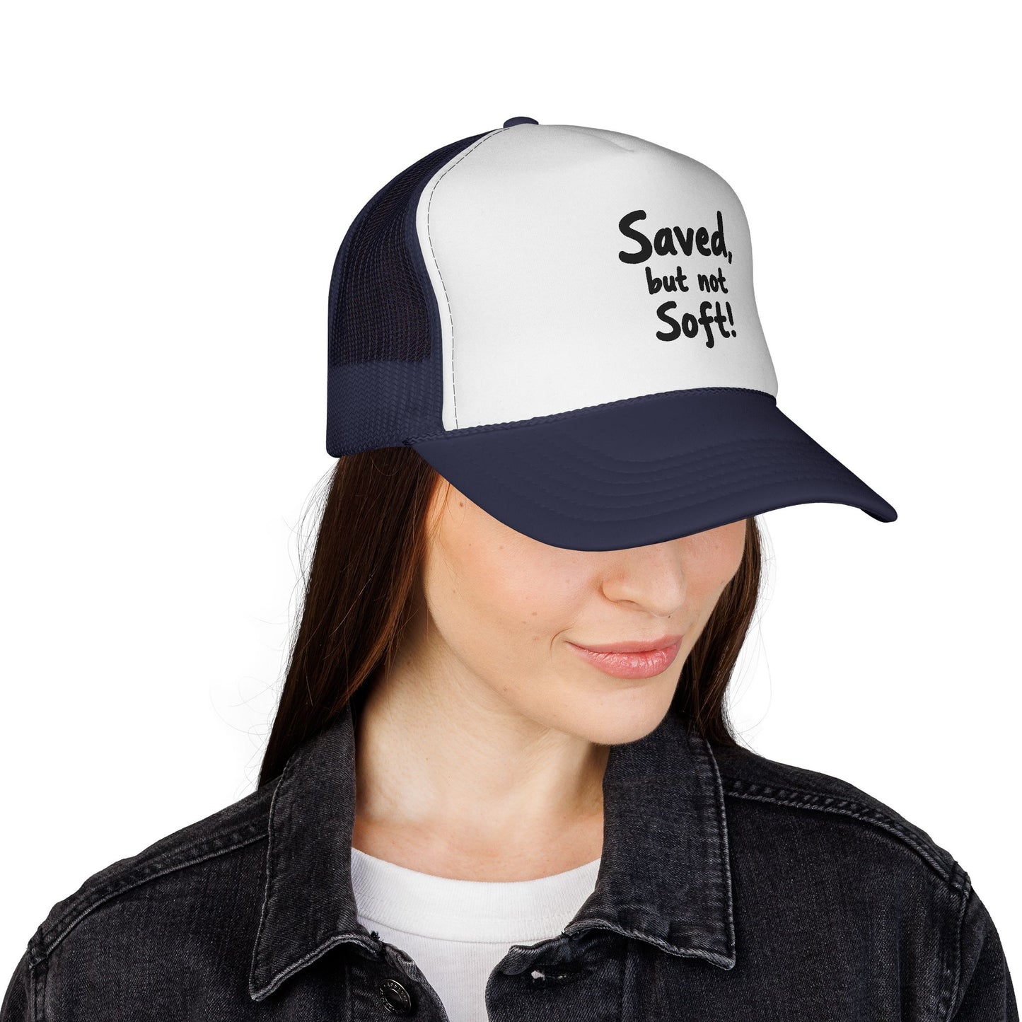 Humorous Trucker Cap: "Saved but not Soft!" - Perfect for Casual Outings, Gift for Friends, Faith-Based Events, Everyday Wear, [...]