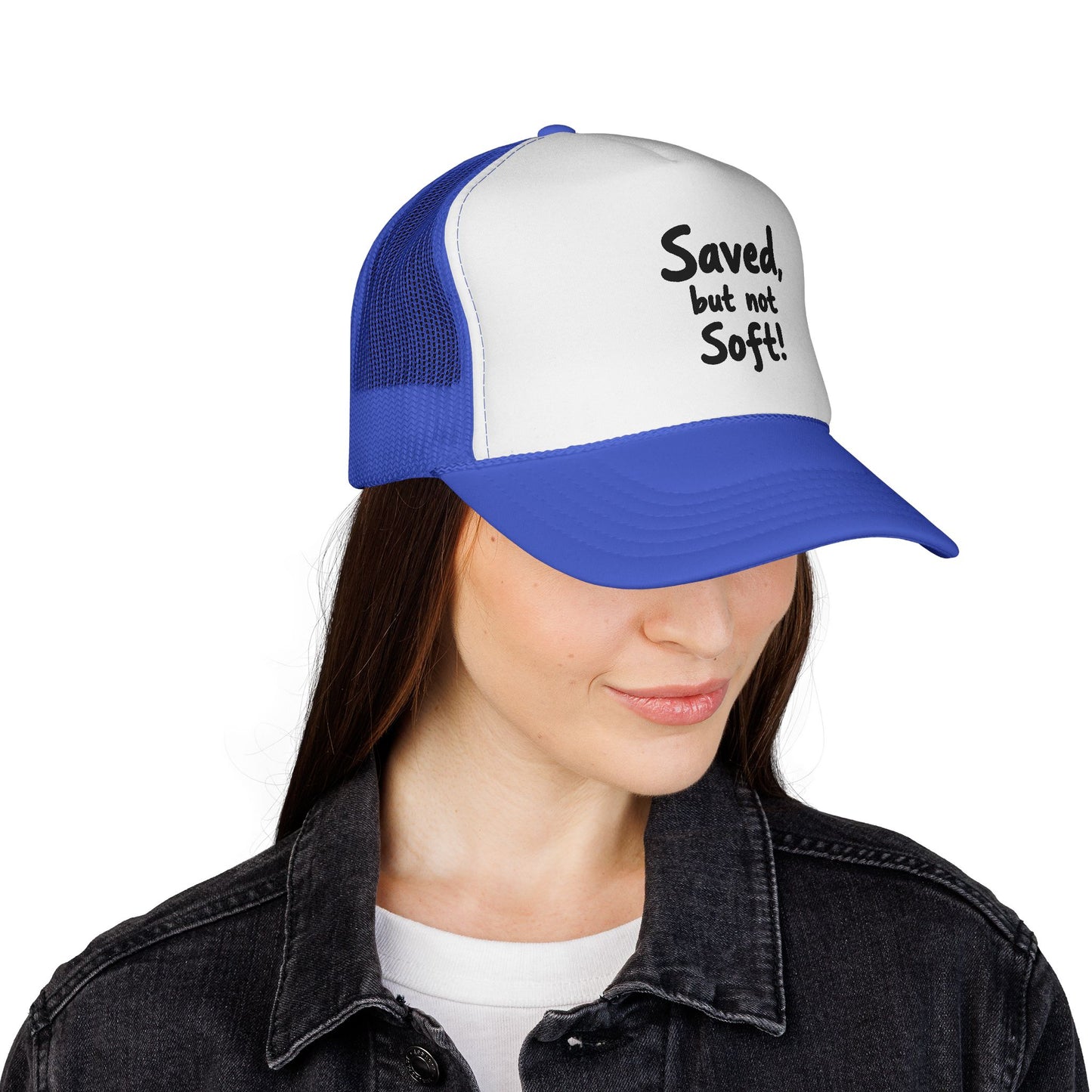 Humorous Trucker Cap: "Saved but not Soft!" - Perfect for Casual Outings, Gift for Friends, Faith-Based Events, Everyday Wear, [...]