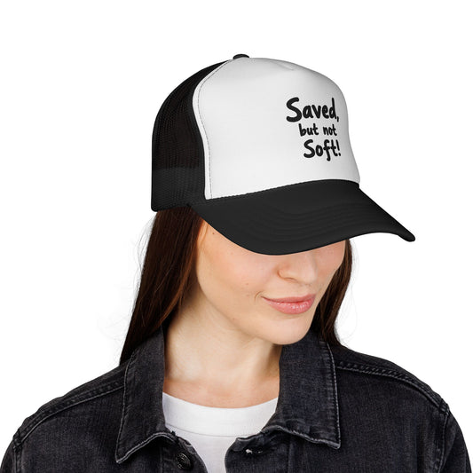 Humorous Trucker Cap: "Saved but not Soft!" - Perfect for Casual Outings, Gift for Friends, Faith-Based Events, Everyday Wear, [...]