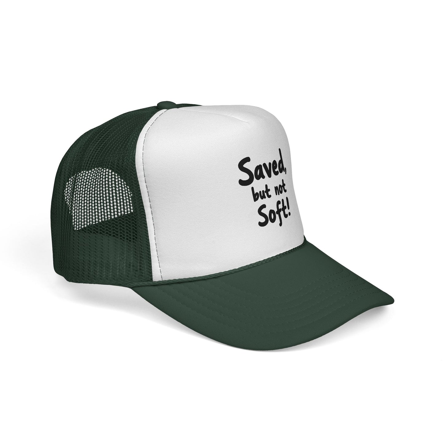 Humorous Trucker Cap: "Saved but not Soft!" - Perfect for Casual Outings, Gift for Friends, Faith-Based Events, Everyday Wear, [...]