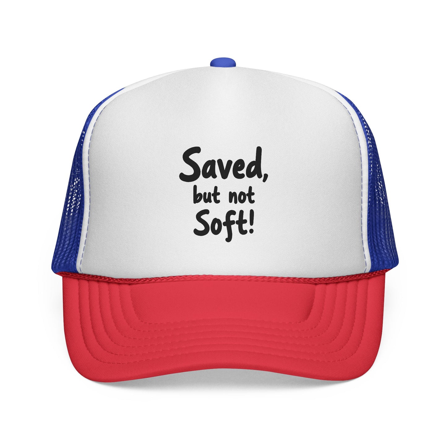 Humorous Trucker Cap: "Saved but not Soft!" - Perfect for Casual Outings, Gift for Friends, Faith-Based Events, Everyday Wear, [...]