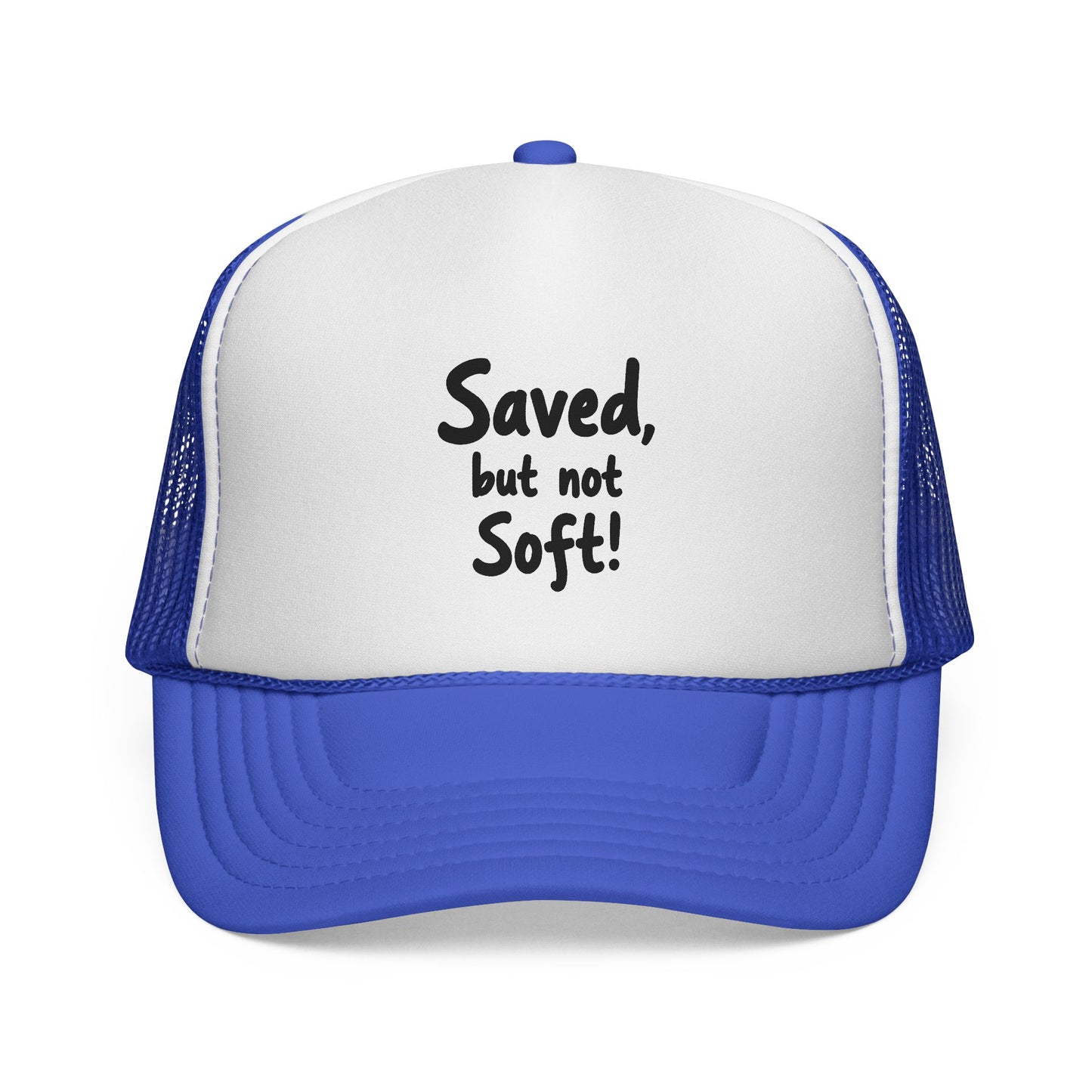 Humorous Trucker Cap: "Saved but not Soft!" - Perfect for Casual Outings, Gift for Friends, Faith-Based Events, Everyday Wear, [...]