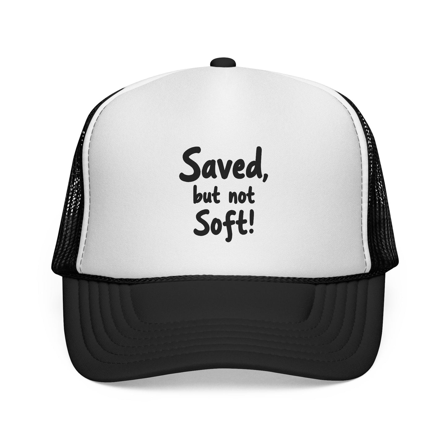 Humorous Trucker Cap: "Saved but not Soft!" - Perfect for Casual Outings, Gift for Friends, Faith-Based Events, Everyday Wear, [...]