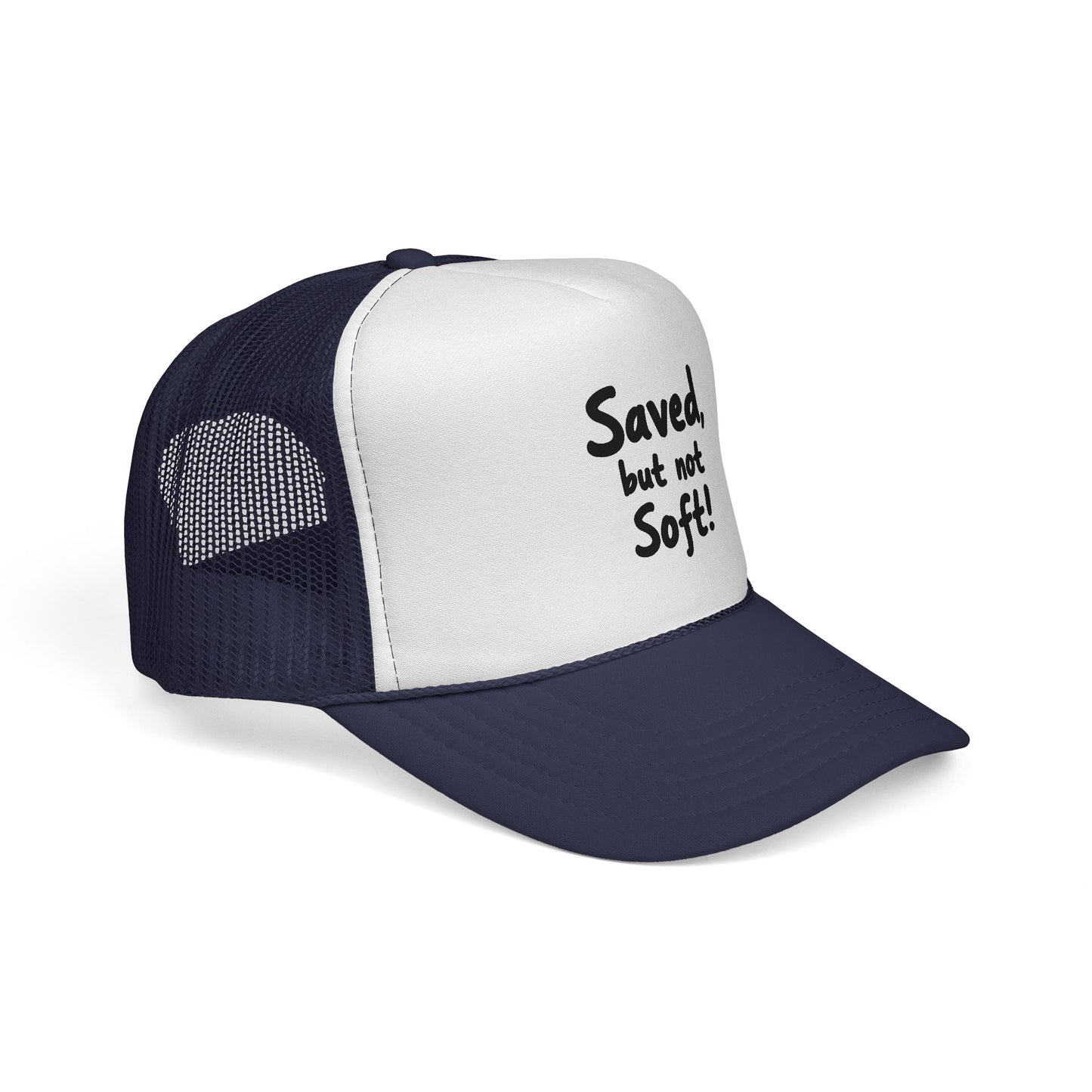 Humorous Trucker Cap: "Saved but not Soft!" - Perfect for Casual Outings, Gift for Friends, Faith-Based Events, Everyday Wear, [...]