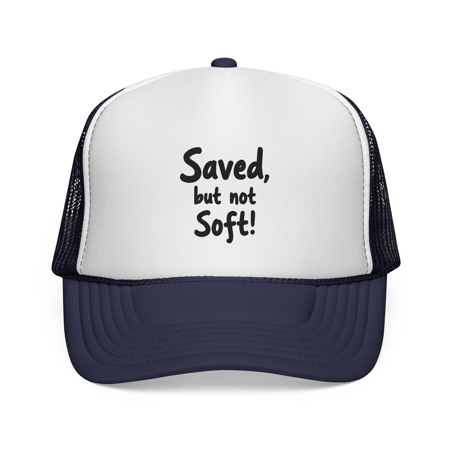 Humorous Trucker Cap: "Saved but not Soft!" - Perfect for Casual Outings, Gift for Friends, Faith-Based Events, Everyday Wear, [...]