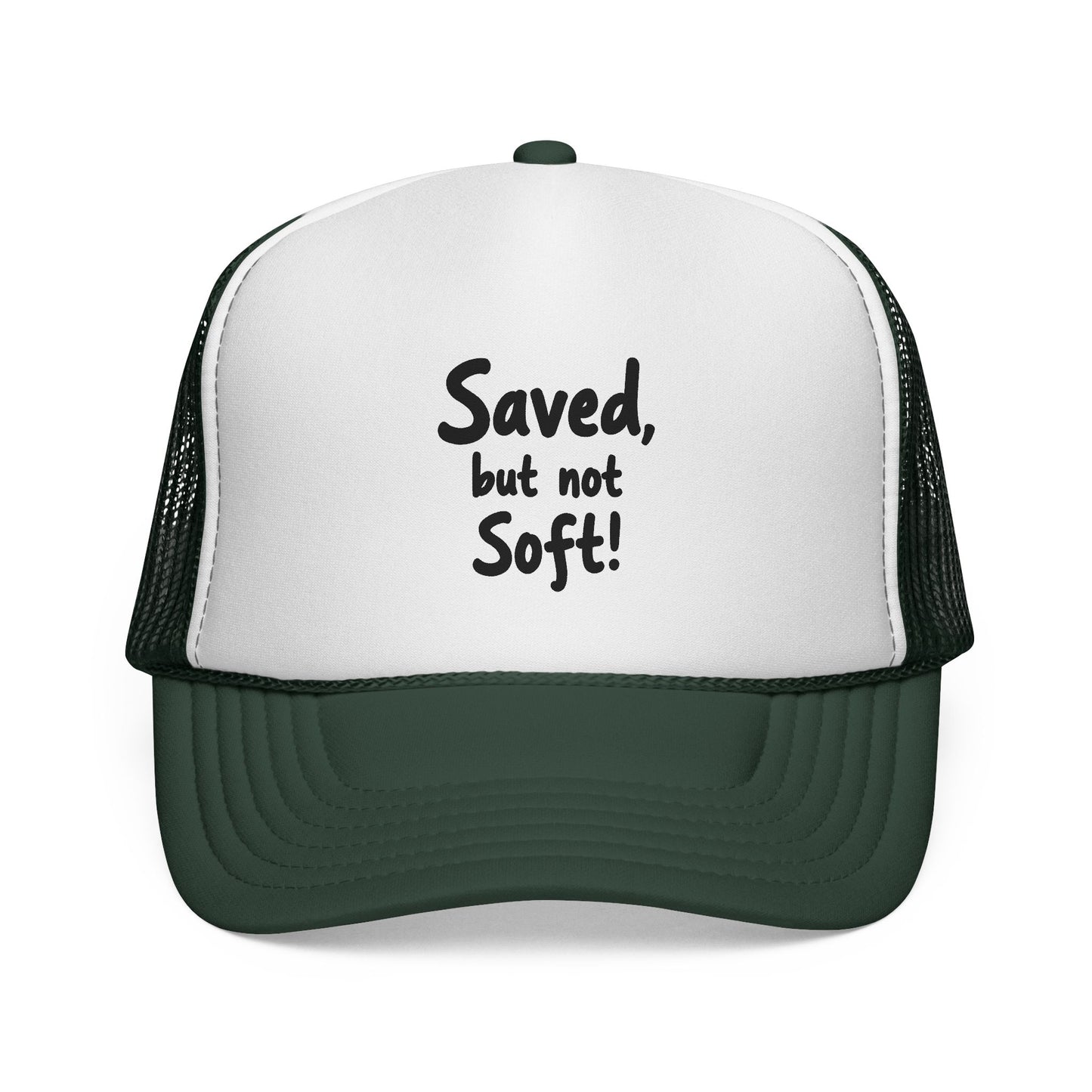 Humorous Trucker Cap: "Saved but not Soft!" - Perfect for Casual Outings, Gift for Friends, Faith-Based Events, Everyday Wear, [...]