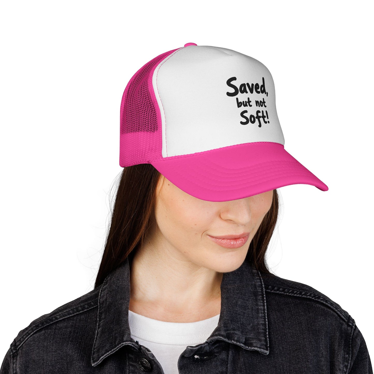 Humorous Trucker Cap: "Saved but not Soft!" - Perfect for Casual Outings, Gift for Friends, Faith-Based Events, Everyday Wear, [...]
