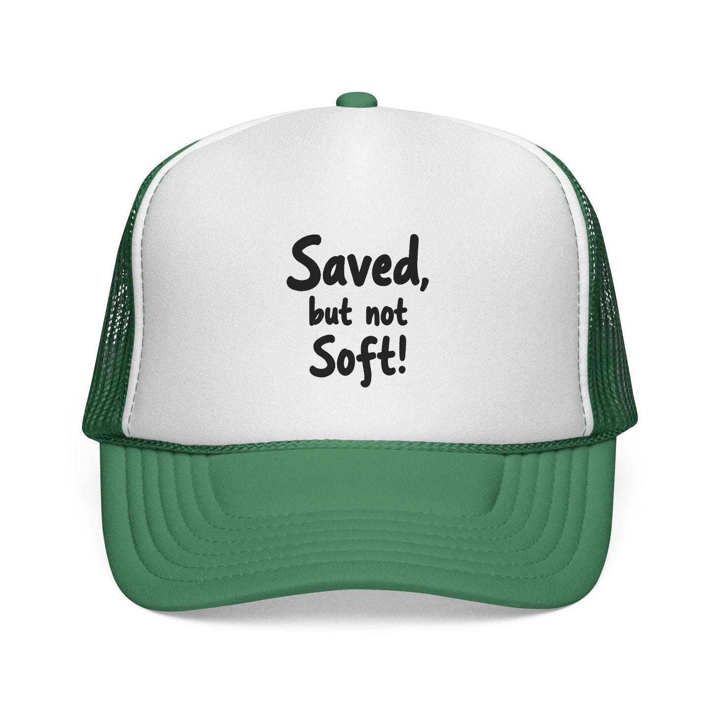 Humorous Trucker Cap: "Saved but not Soft!" - Perfect for Casual Outings, Gift for Friends, Faith-Based Events, Everyday Wear, [...]