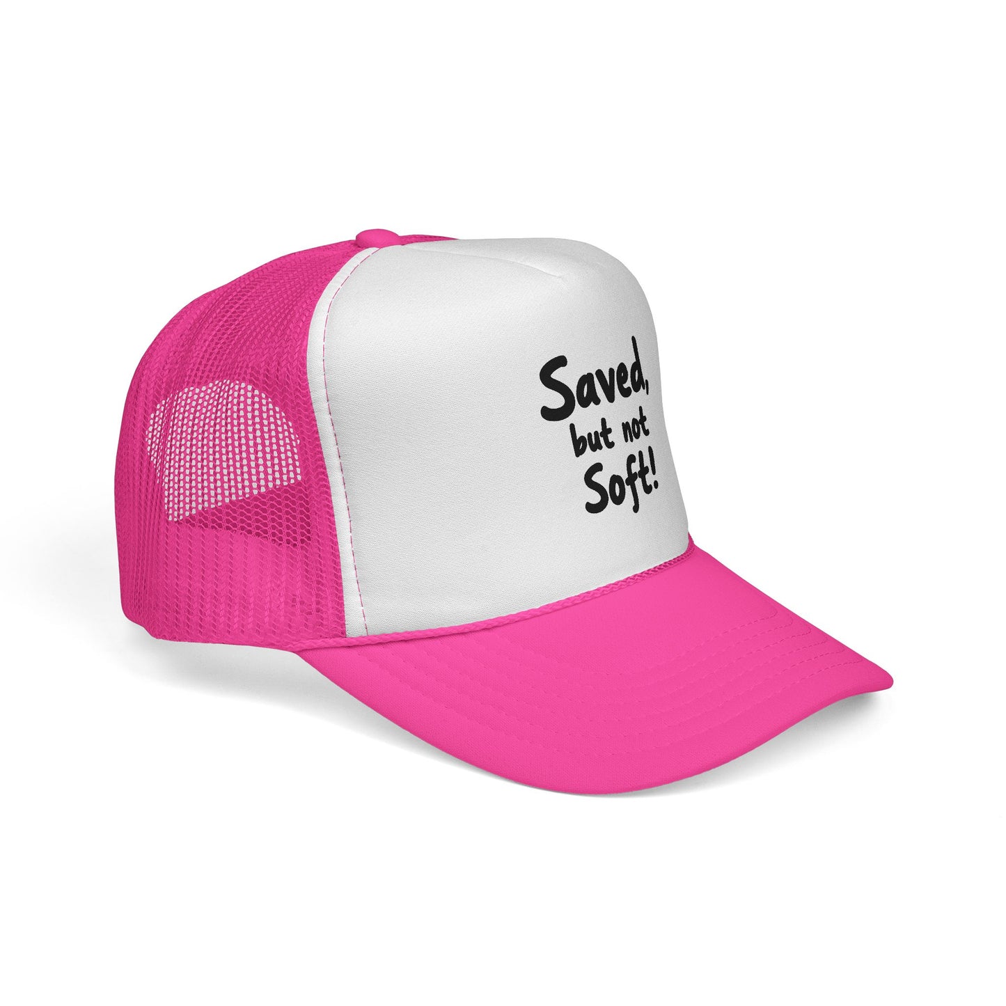 Humorous Trucker Cap: "Saved but not Soft!" - Perfect for Casual Outings, Gift for Friends, Faith-Based Events, Everyday Wear, [...]