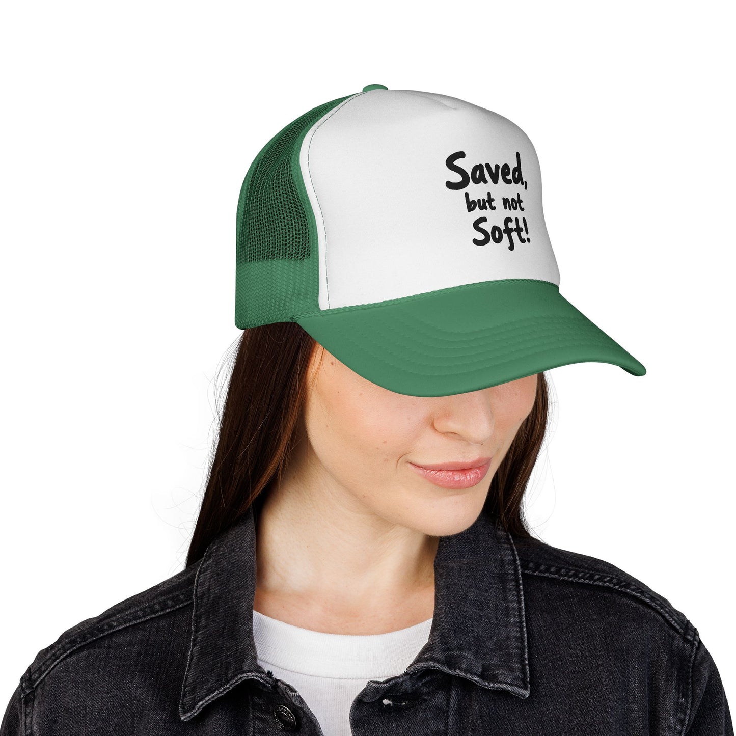 Humorous Trucker Cap: "Saved but not Soft!" - Perfect for Casual Outings, Gift for Friends, Faith-Based Events, Everyday Wear, [...]