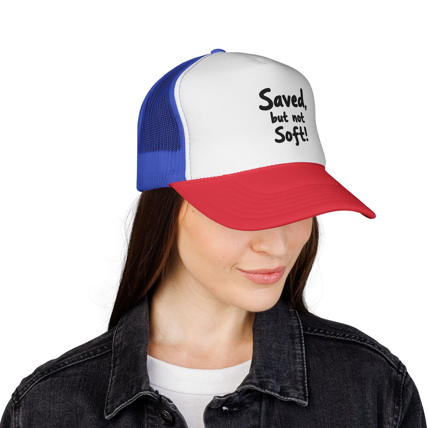 Humorous Trucker Cap: "Saved but not Soft!" - Perfect for Casual Outings, Gift for Friends, Faith-Based Events, Everyday Wear, [...]