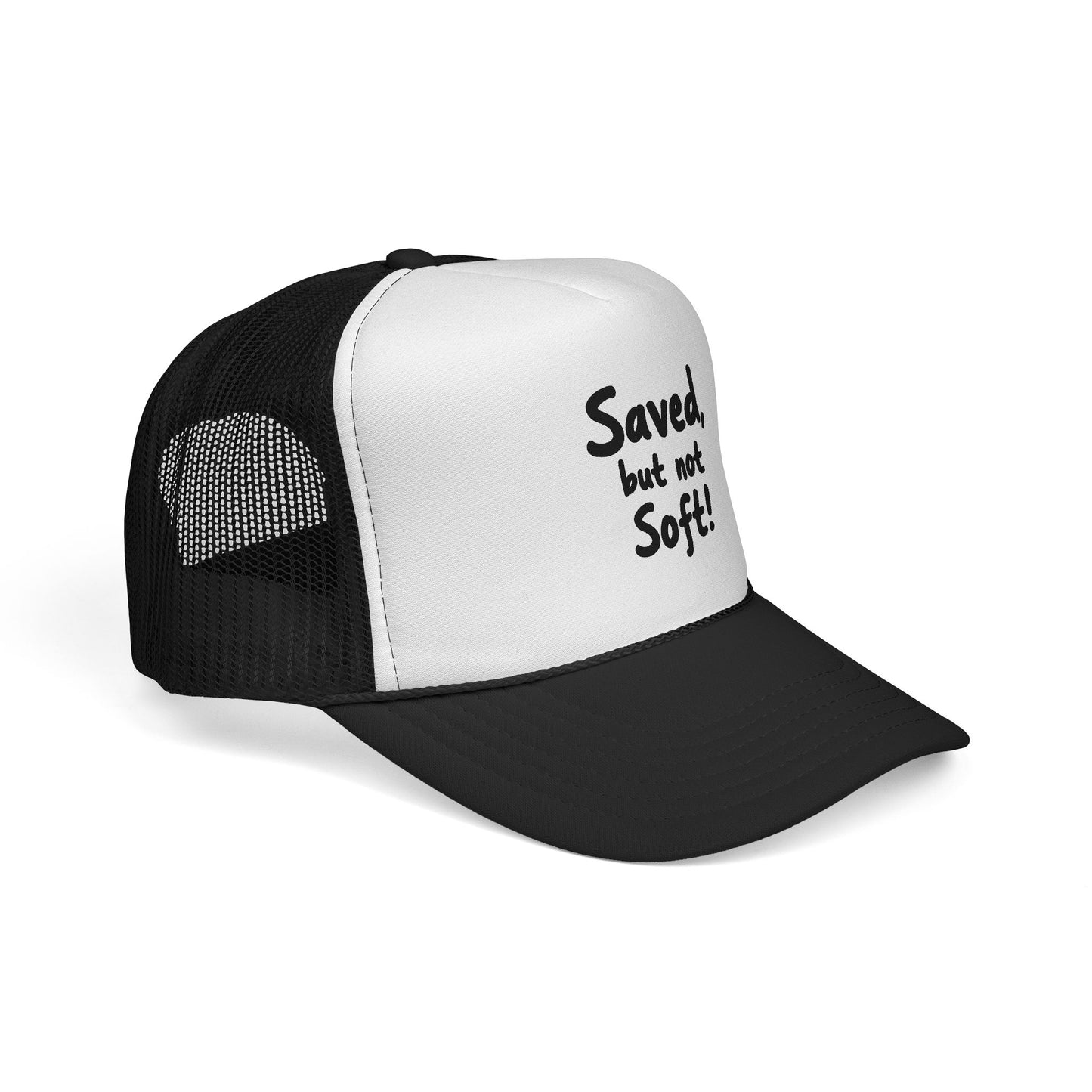 Humorous Trucker Cap: "Saved but not Soft!" - Perfect for Casual Outings, Gift for Friends, Faith-Based Events, Everyday Wear, [...]