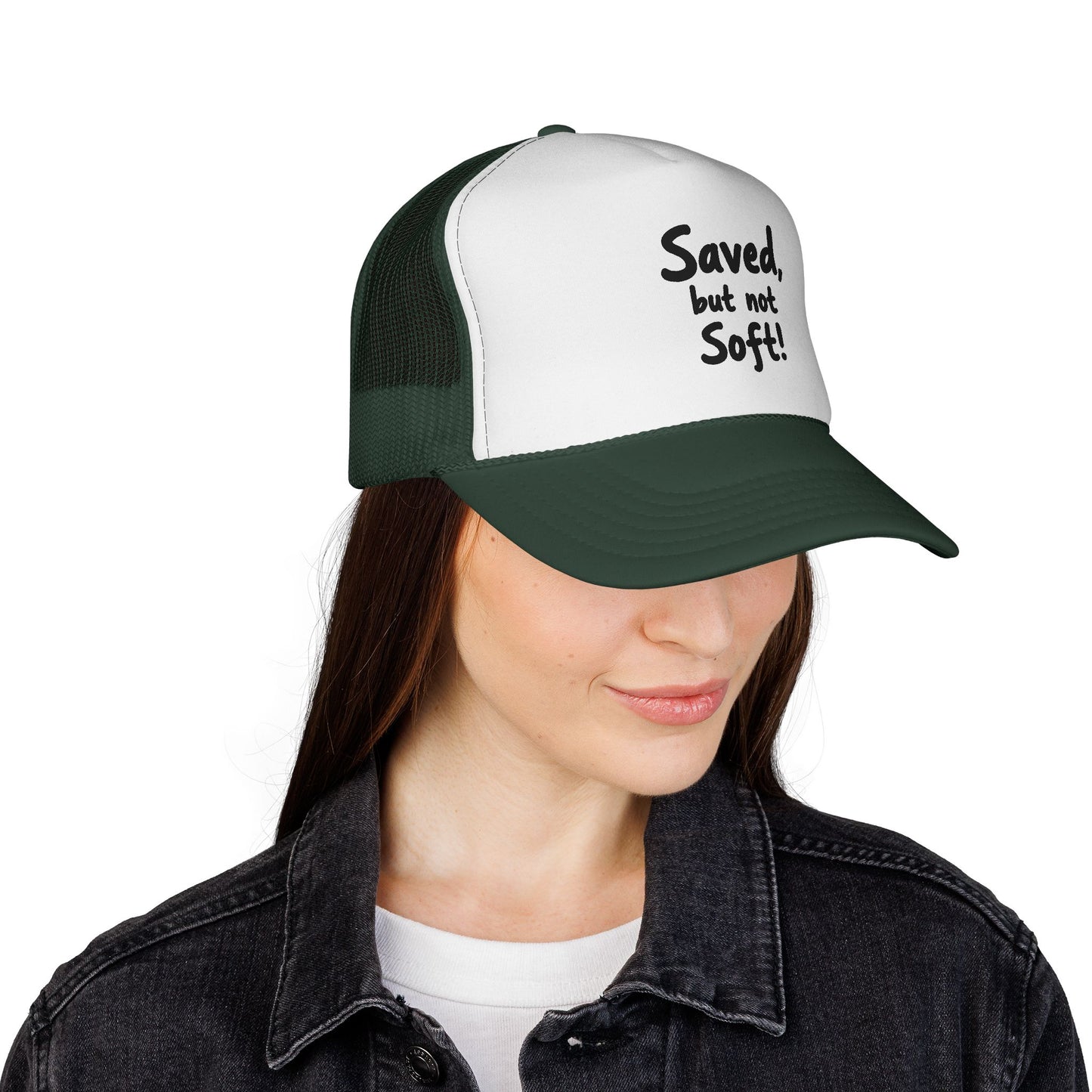 Humorous Trucker Cap: "Saved but not Soft!" - Perfect for Casual Outings, Gift for Friends, Faith-Based Events, Everyday Wear, [...]