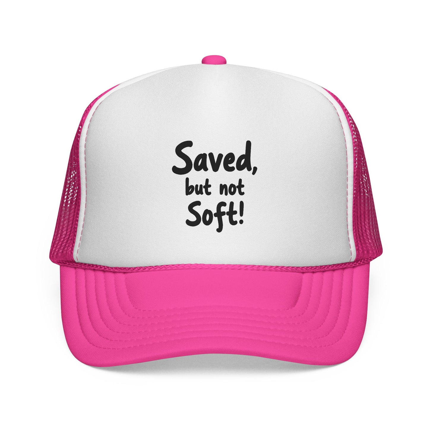 Humorous Trucker Cap: "Saved but not Soft!" - Perfect for Casual Outings, Gift for Friends, Faith-Based Events, Everyday Wear, [...]