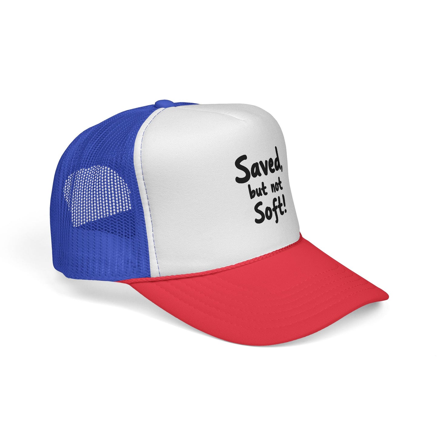 Humorous Trucker Cap: "Saved but not Soft!" - Perfect for Casual Outings, Gift for Friends, Faith-Based Events, Everyday Wear, [...]